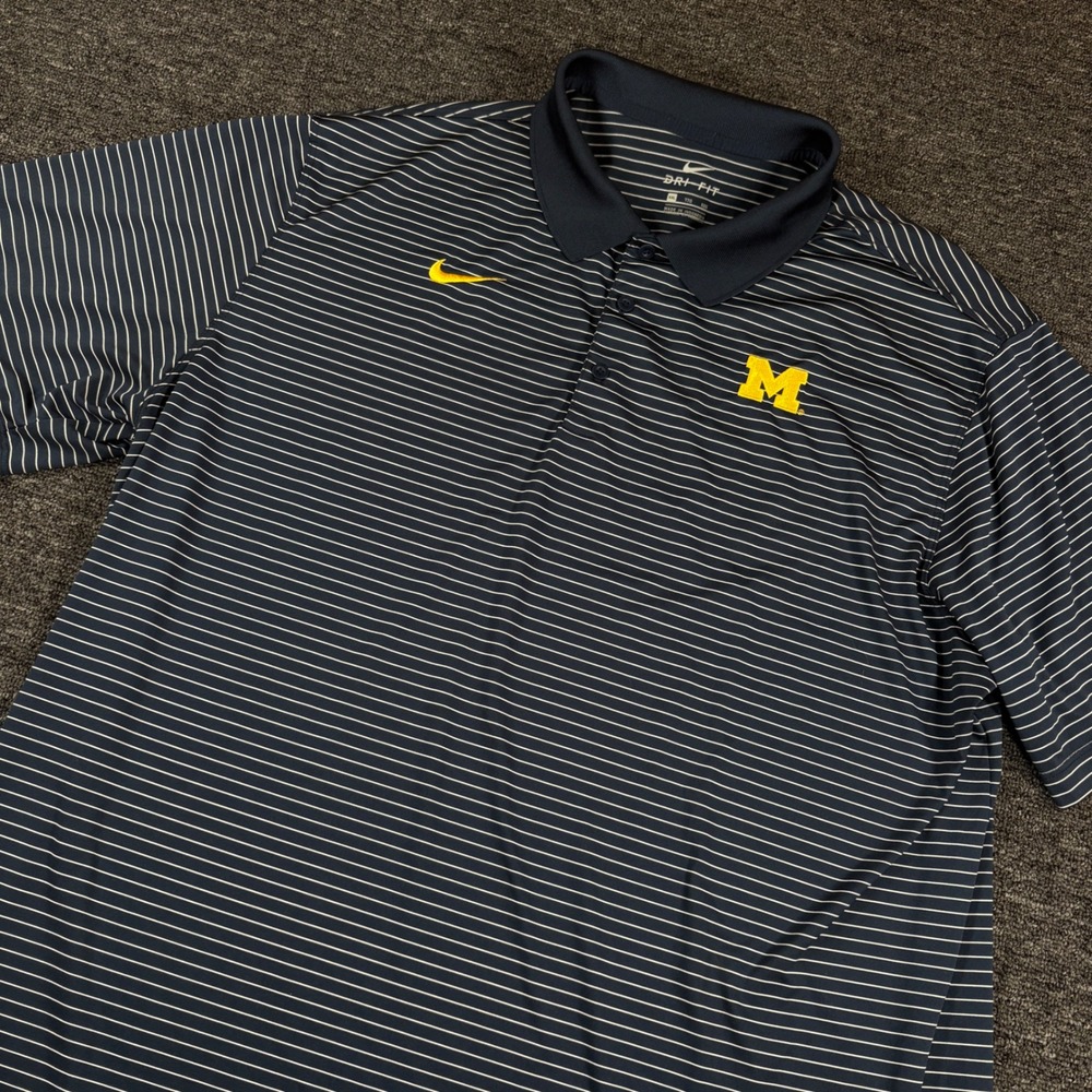 Nike Polo Shirt Mens XXL Blue Michigan Wolverines Dri-FIT Striped Short Sleeve